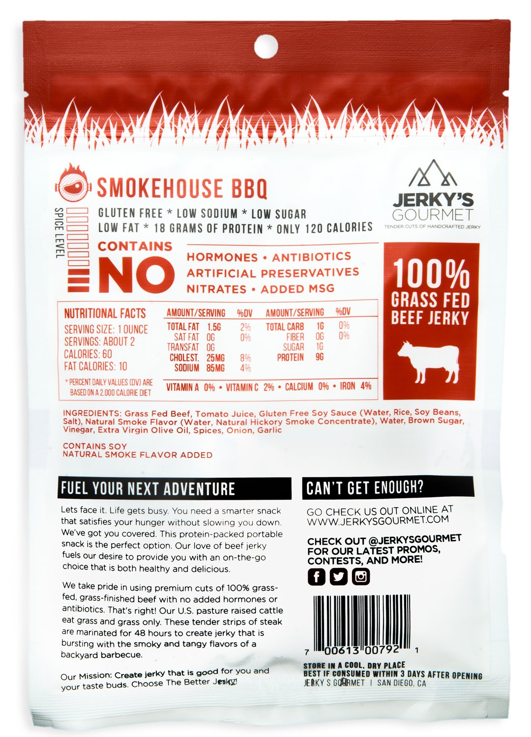 Smokehouse BBQ Grass Fed Beef Jerky - 120 Calorie Snacks, Gourmet, Healthy, Low Carb, High Protein - Keto Friendly & Gluten Free (3 Packs)