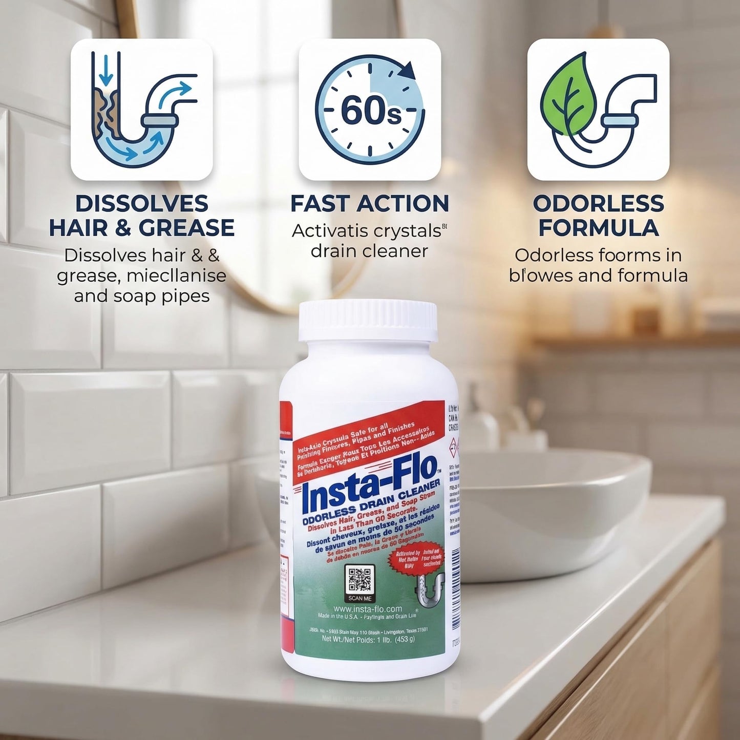 Insta-Flo Crystals 1 lb (Pack of 3) - Crystal Lye Opener for Kitchen, Bathroom & Main Line Plumbing - Thrift Alternative - Powder Declogger