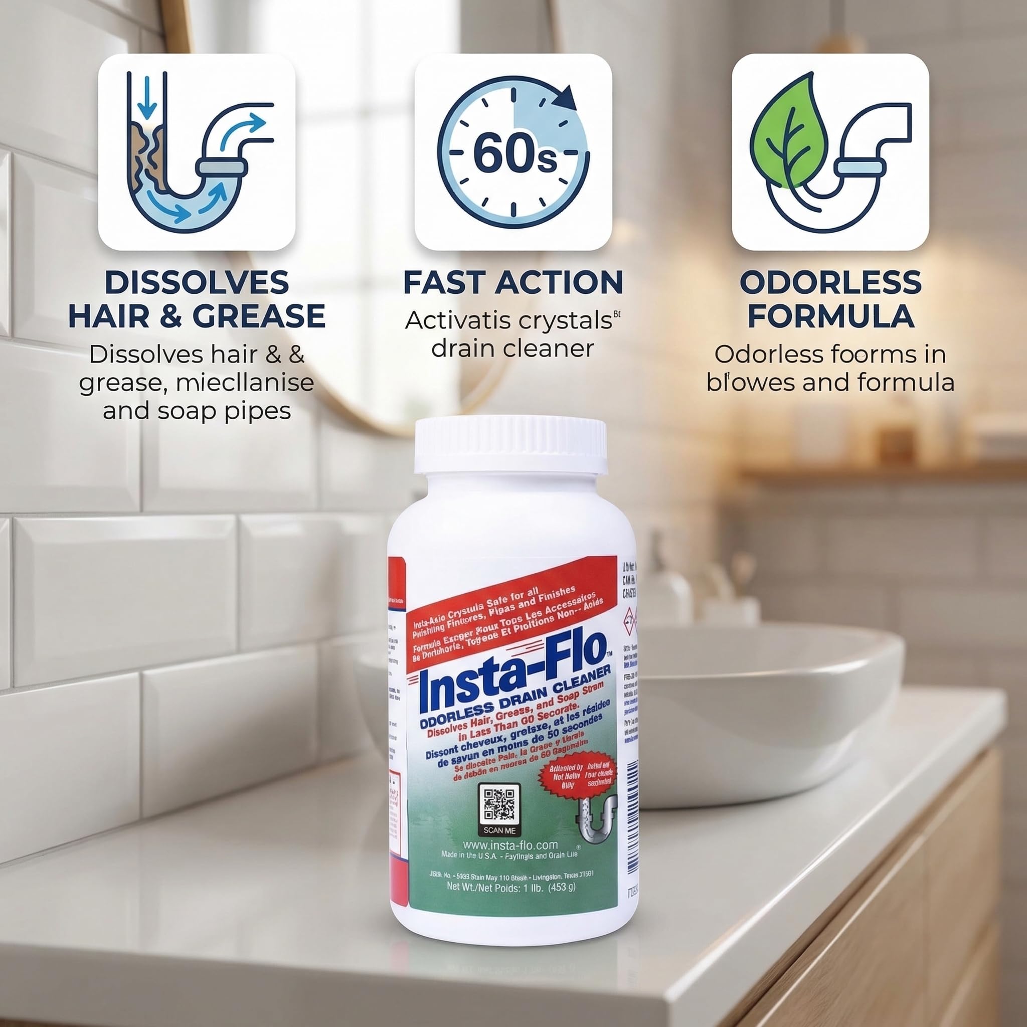Insta-Flo Crystals 1 lb (Pack of 3) - Crystal Lye Opener for Kitchen, Bathroom & Main Line Plumbing - Thrift Alternative - Powder Declogger