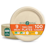 ECO SOUL Compostable Paper Plates 9 Inch, 100 Pack - Heavy Duty Disposable Dinner Paper Plates, Natural Bagasse, Leak-Resistant, Microwave Safe