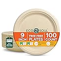 ECO SOUL Compostable Paper Plates 9 Inch, 100 Pack - Heavy Duty Disposable Dinner Paper Plates, Natural Bagasse, Leak-Resistant, Microwave Safe