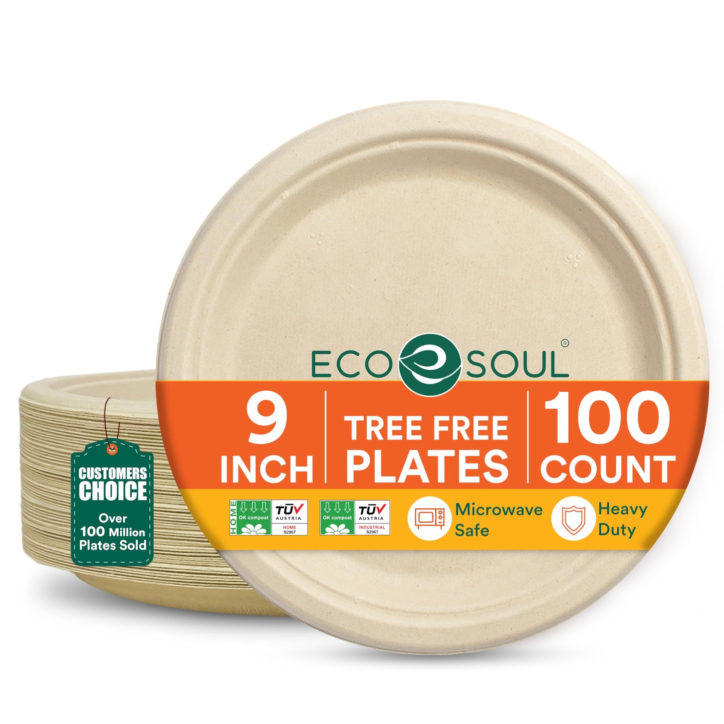 ECO SOUL Compostable Paper Plates 9 Inch, 100 Pack - Heavy Duty Disposable Dinner Paper Plates, Natural Bagasse, Leak-Resistant, Microwave Safe