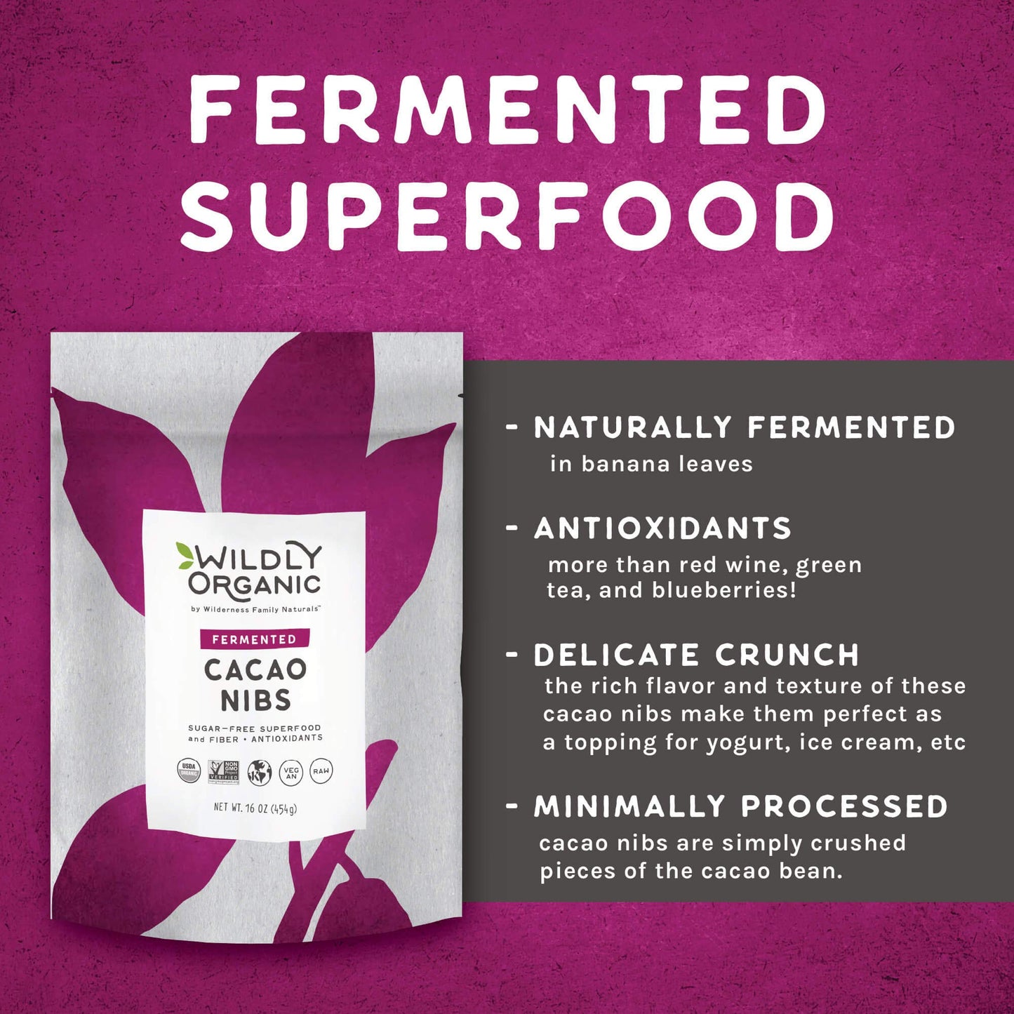 Wildly Organic Fermented Cacao Nibs 16 Oz, 1 lb Bag - Organic, Non-Alkalized, Minimally Processed, Raw, Non-GMO, Kosher, Vegan, Premium Rich Chocolate Flavor - Perfect in Smoothies, Yogurt, Oatmeal, Granola, Baking, Fruits, & Ice Cream