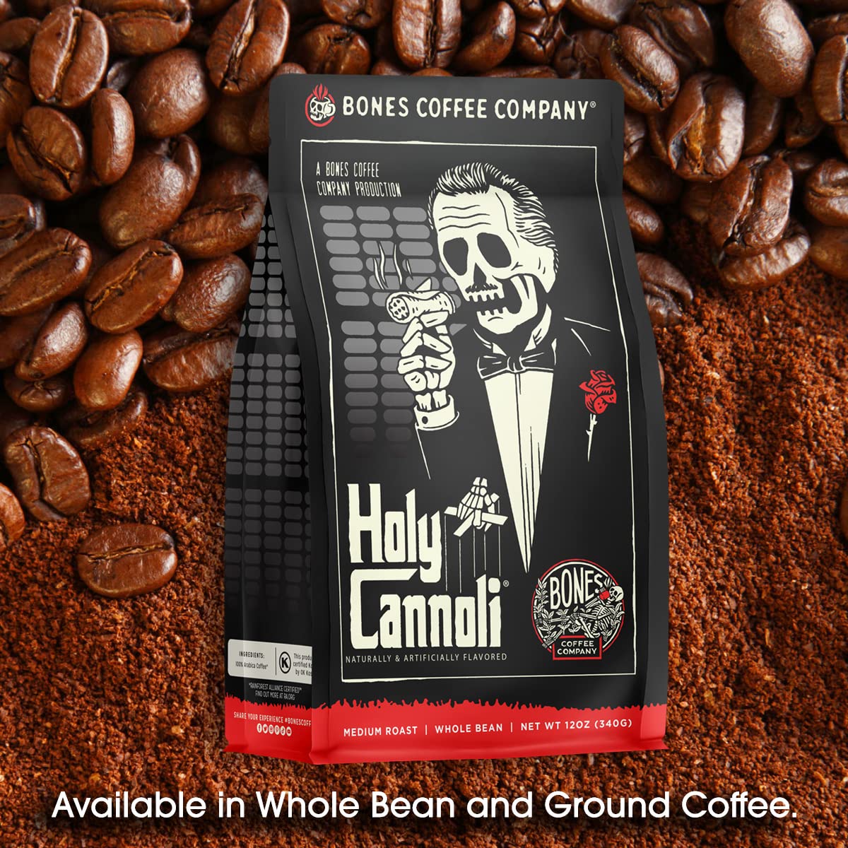 Bones Coffee Company Holy Cannoli, Baked Cannoli Flavored Coffee, Medium Roast Low Acid Arabica Beans Compatible with Auto drip and French Press