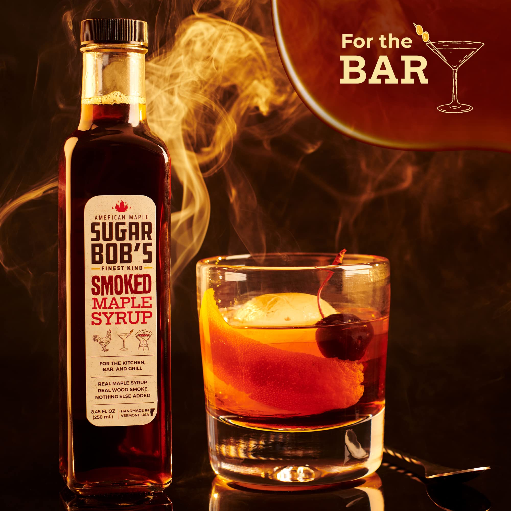 Sugar Bob’s Finest Kind - Smoked Maple Syrup, Real Maple Syrup Infused with Wood Smoke, Made in Vermont, For the Bar, Kitchen, and Grill, 8.45 fl oz