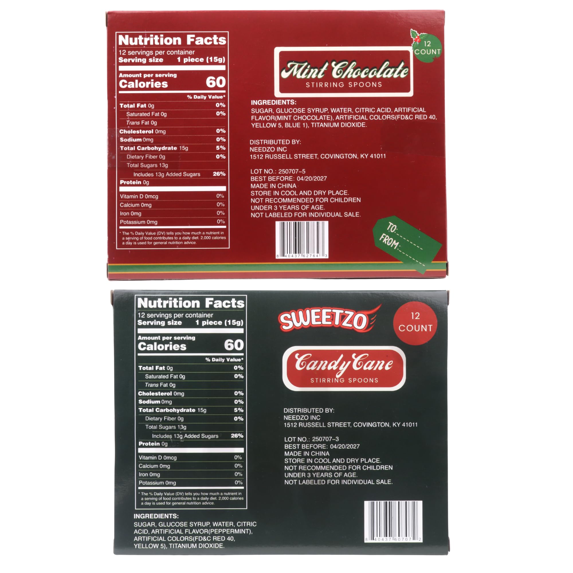Christmas Candy Spoons, Mint Chocolate and Classic Peppermint Flavored Stirring Sticks, Hot Cocoa Bar Essentials, 24 Total Pieces (Set of 2)