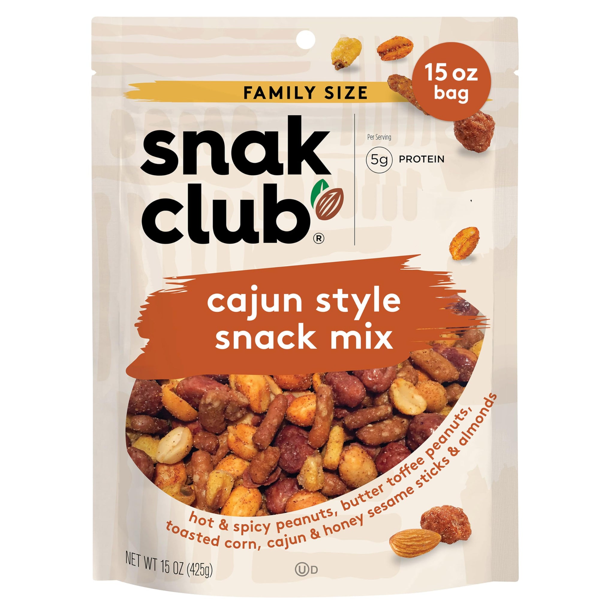 Snak Club Cajun Style Snack Mix with Hot and Spicy Peanuts, Butter Toffee Peanuts, Toasted Corn, Cajun and Honey Sesame Sticks, and Almonds, Kosher