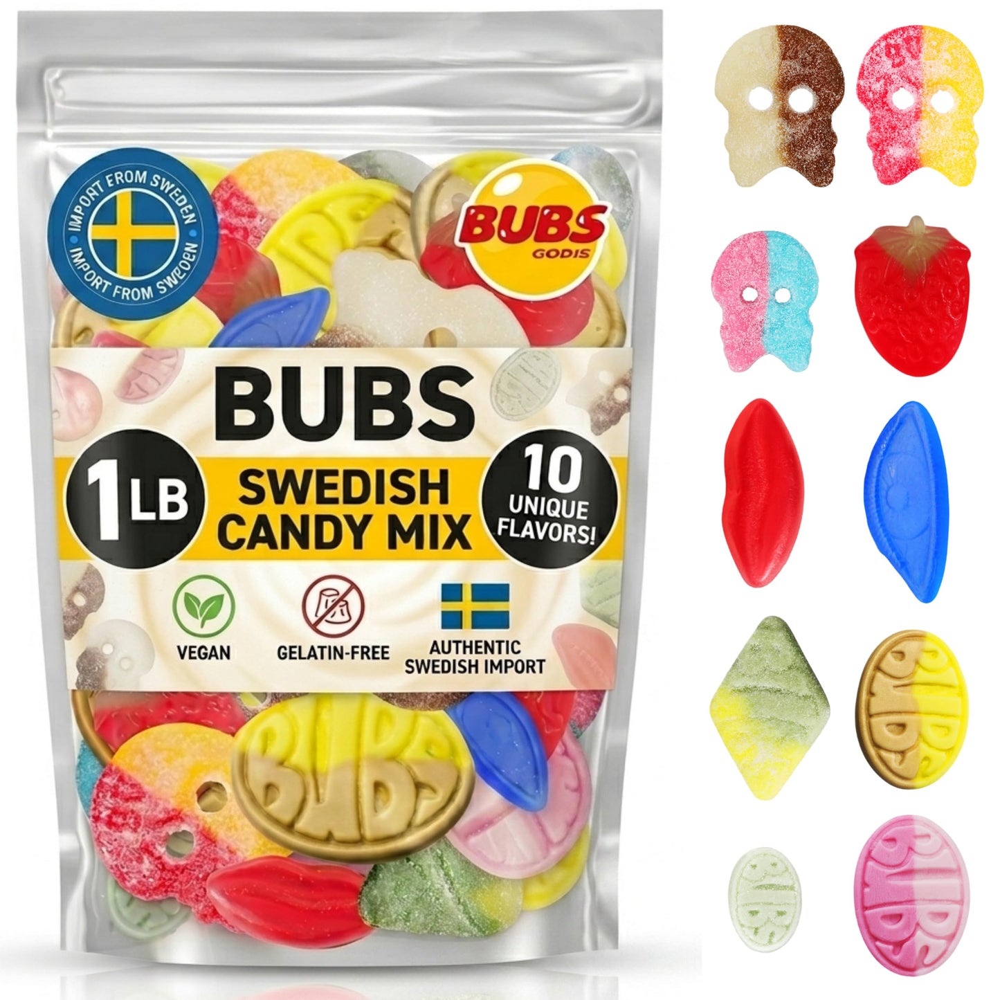 BUBS Swedish Candy Mix 1 lb - Viral Sweet & Sour Foam Candy Assortment - Vegan Gelatin-Free Gummies Imported from Sweden - Dizzy Skulls, Tutti Frutti