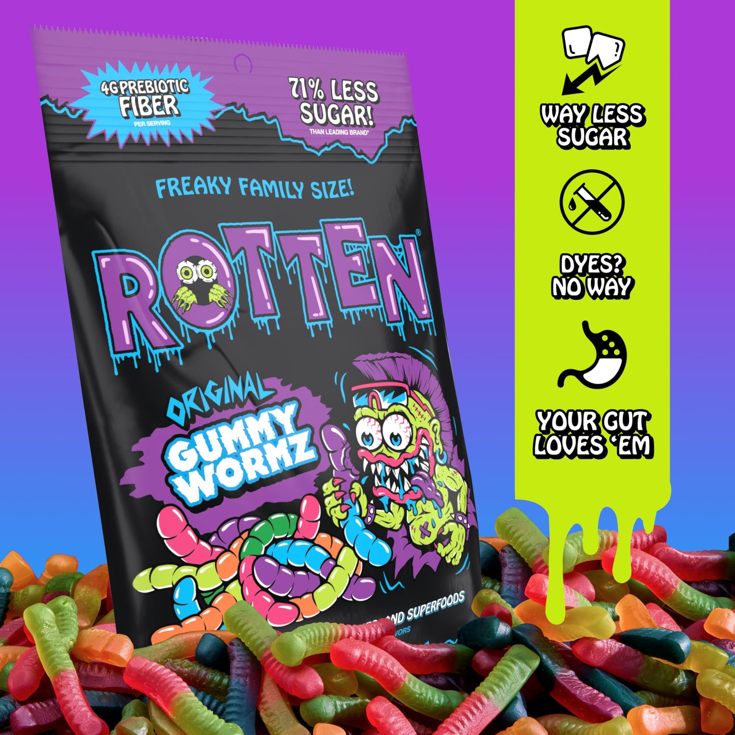 Rotten Original Gummy Worms - Low Sugar, Low Calorie, 7g Gut-Friendly Prebiotic Fiber and 3g Protein, Gluten Free Candy - 5.3 oz Share Pack [4 Pack]