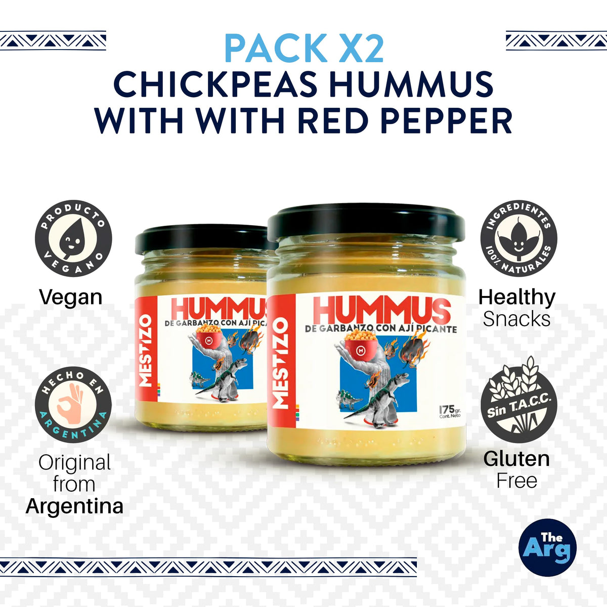 THEARG THE ARG | Pack x2 Chickpeas Hummus with Red Pepper | Dip your Chips Crackers Bread and More | Healthy Snacks 100% Natural