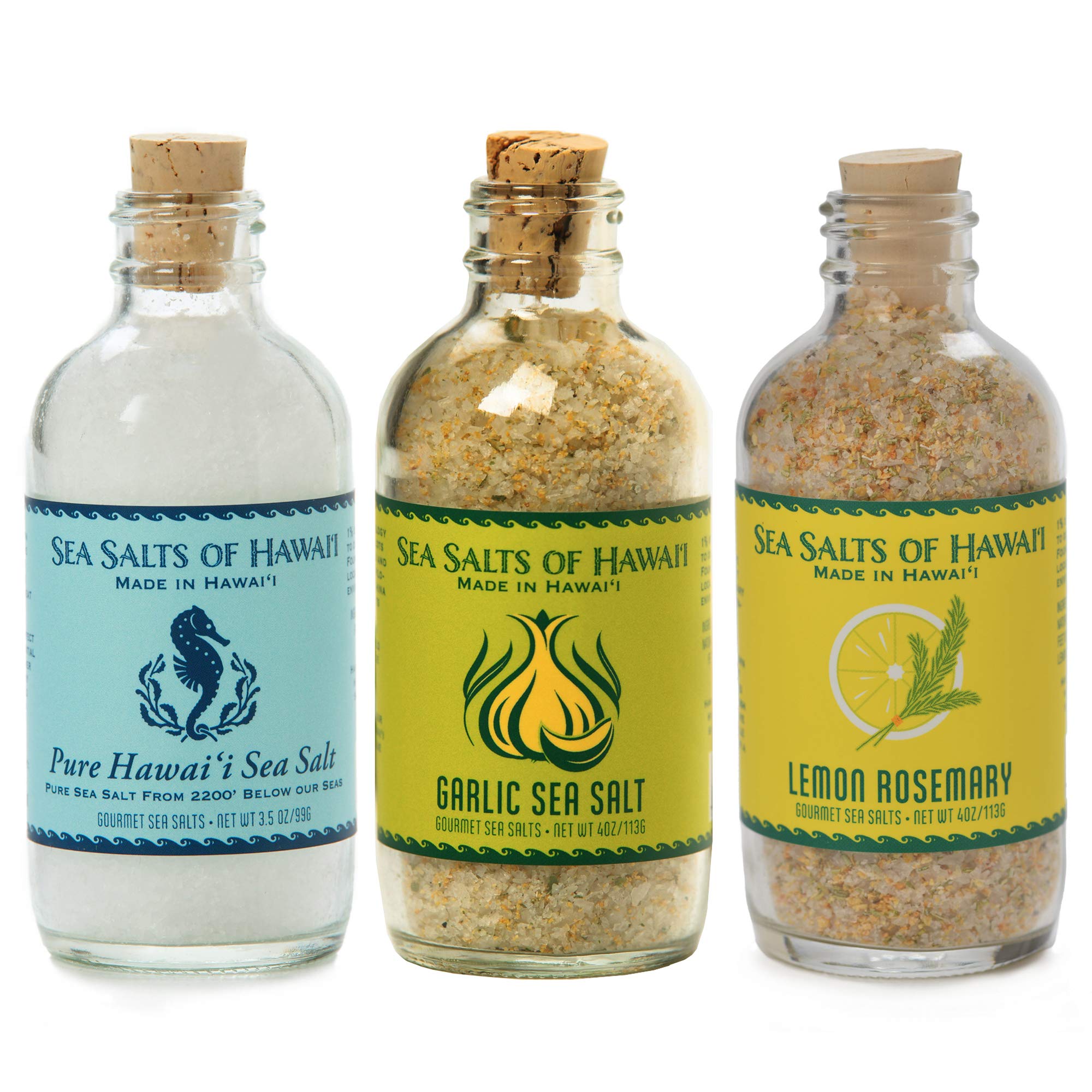 Sea Salts of Hawaii Variety 3 Pack, Pure Kona Hawaiian Salt, Roasted Garlic Salt, Lemon Rosemary Flavored Hawaiian Sea Salt