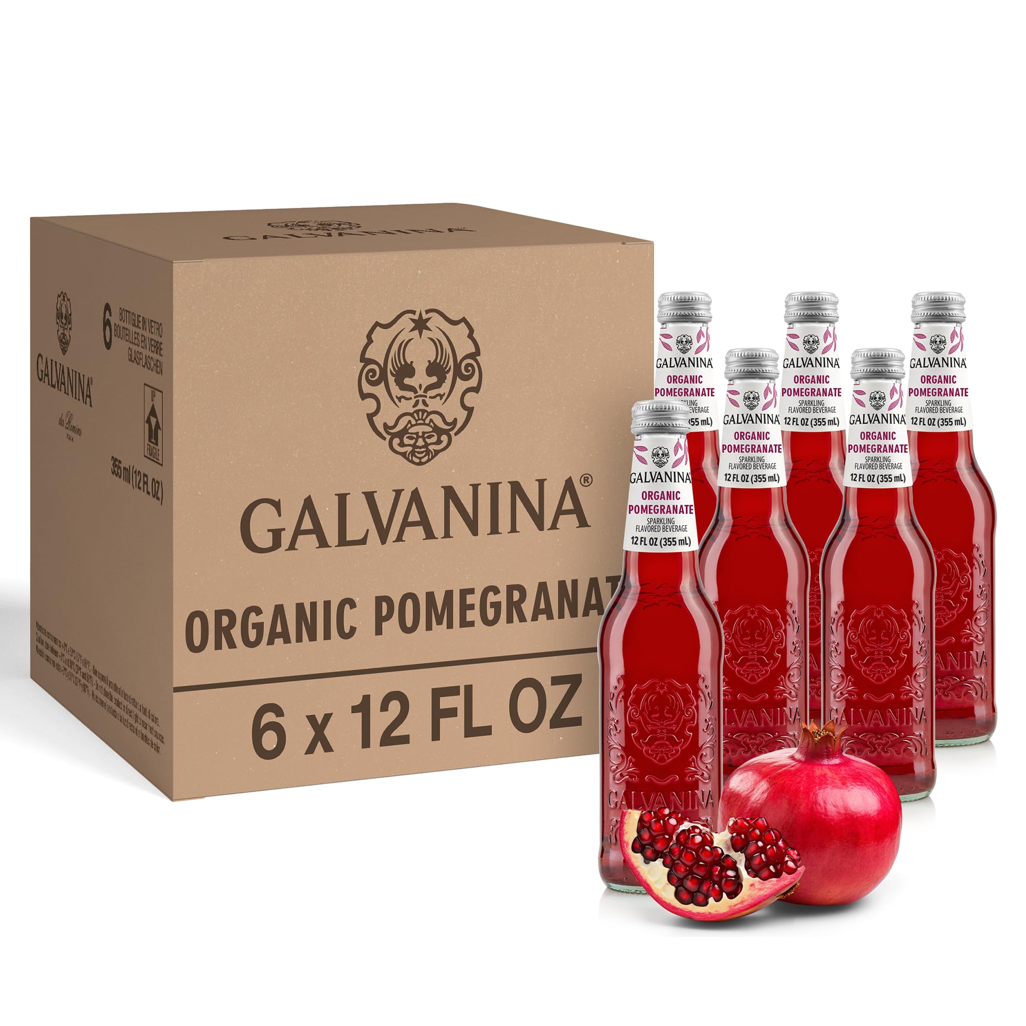 Galvanina Pomegranate - Premium Organic Italian Sparkling Soda, 12 fl oz (6 Glass Bottles) | Made with Organic Mediterranean Pomegranates, Naturally