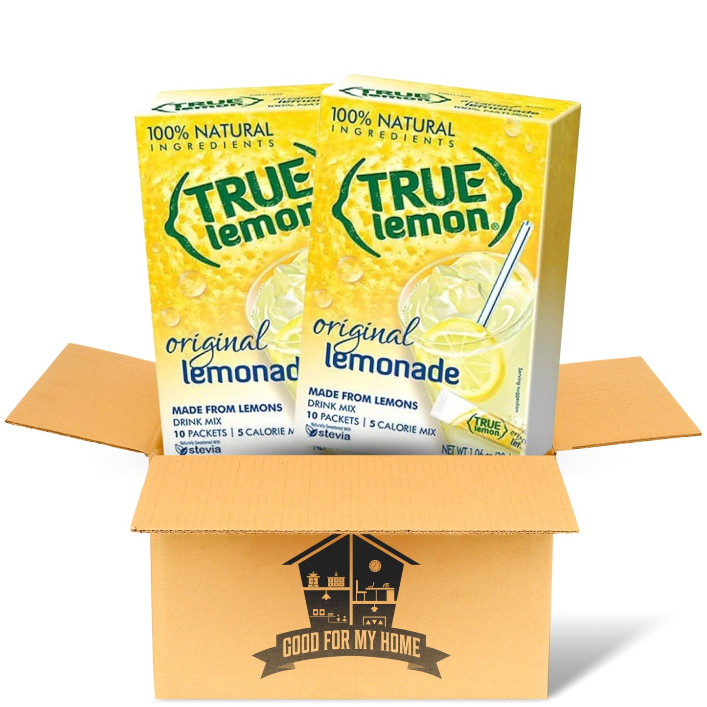 Lemonade Packets Bundle. Includes Two-10 Ct Boxes of Treu Lemon Lemonade Mix in a Good For My Home Box. Total of 20 Lemonade Powdered Drink Mix
