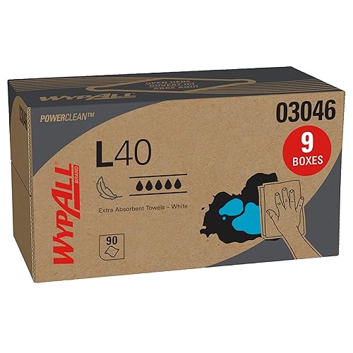WypAll PowerClean L40 Cloths Extra Absorbent Wipes (03046), Pop-Up Box, Bulk Paper Wipers, White (9 Packs of 90 Sheets, 810 Sheet Total)