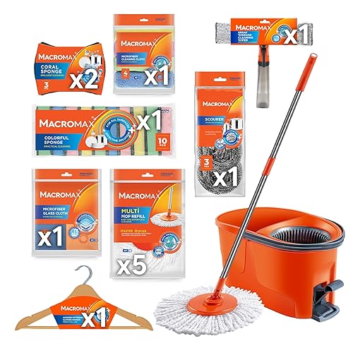 Complete Home Cleaning Kit with Spin Mop Bucket 5 Refills Cloths Sponges Scourers Household Supplies Set