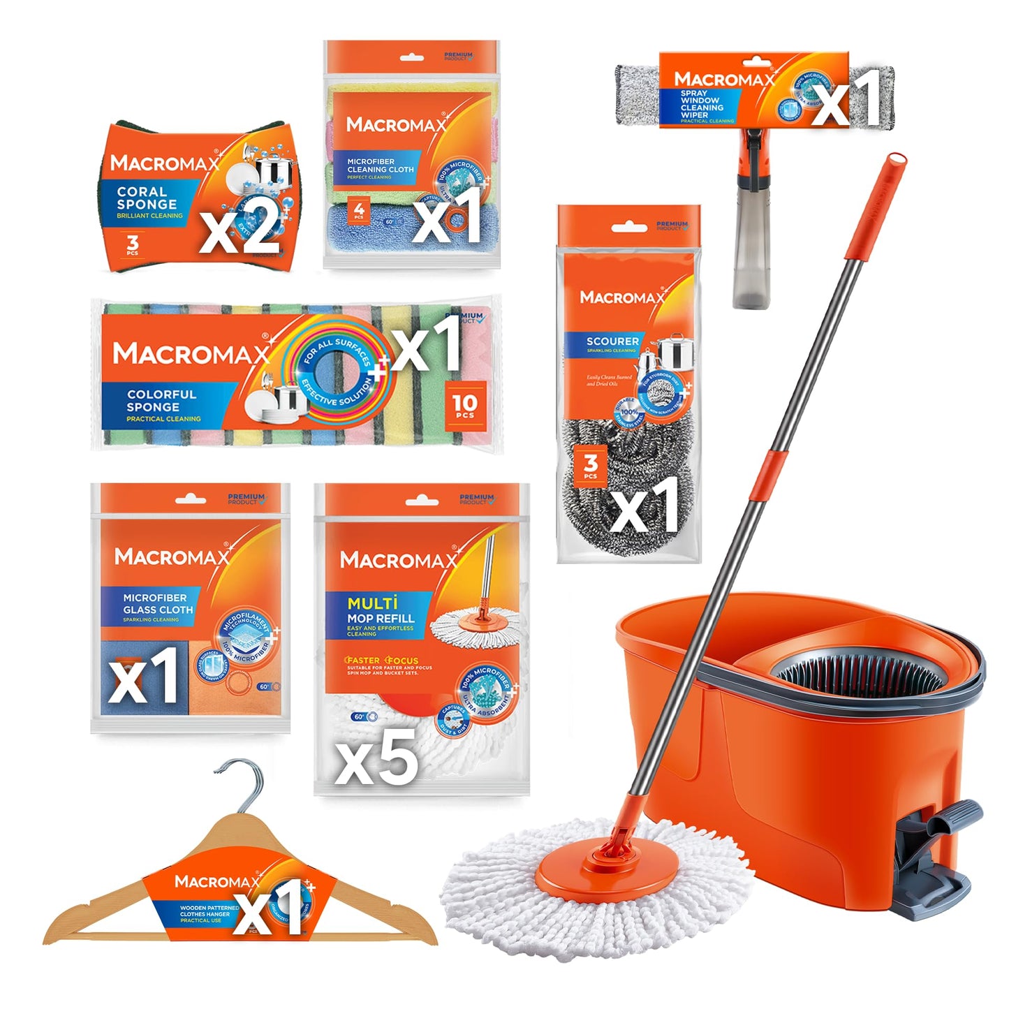Complete Home Cleaning Kit with Spin Mop Bucket 5 Refills Cloths Sponges Scourers Household Supplies Set