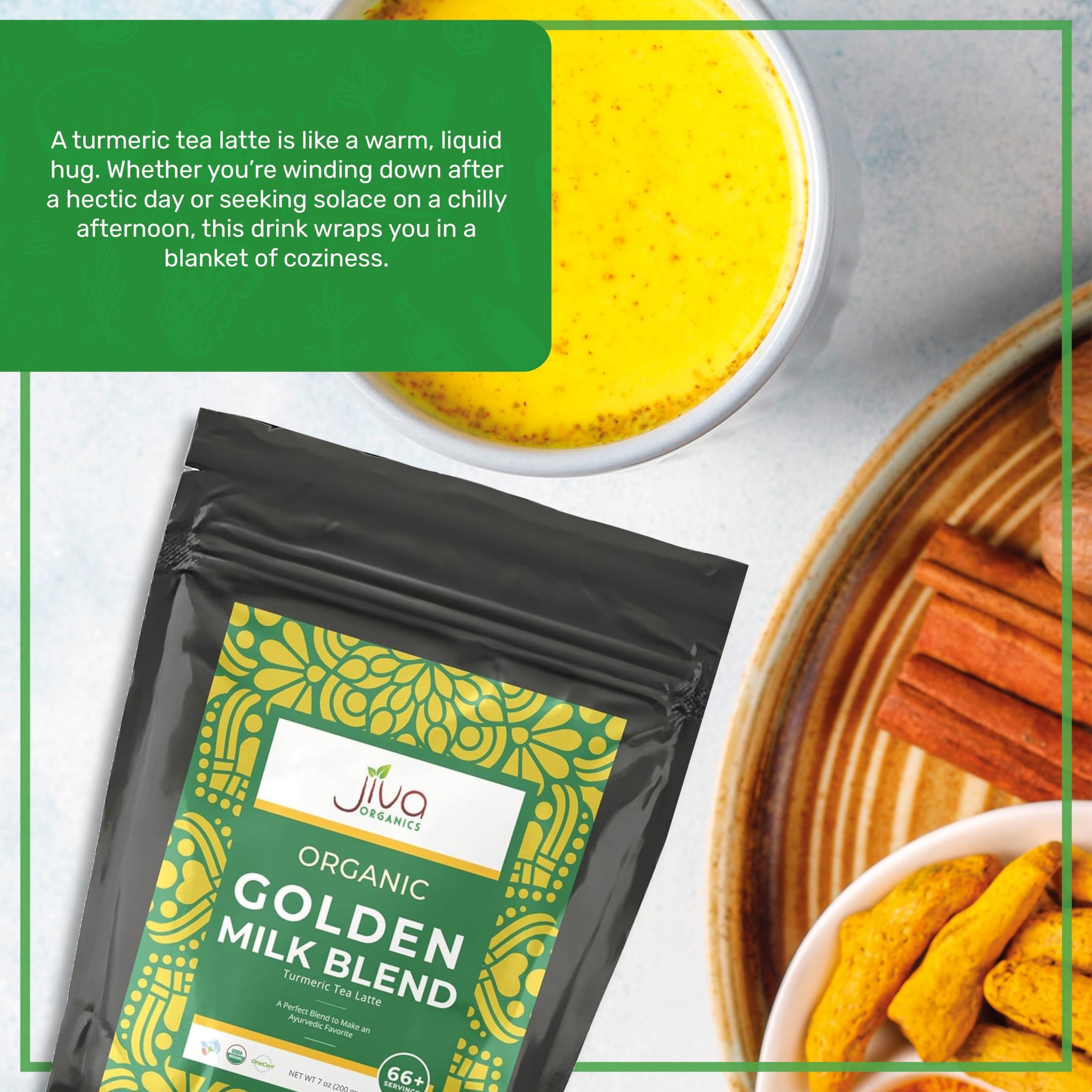 Jiva Organics Turmeric Tea Latte - Golden Milk Powder 7 Ounce (200g) - Ashwagandha, Cardamom, Ginger, Black Pepper & More