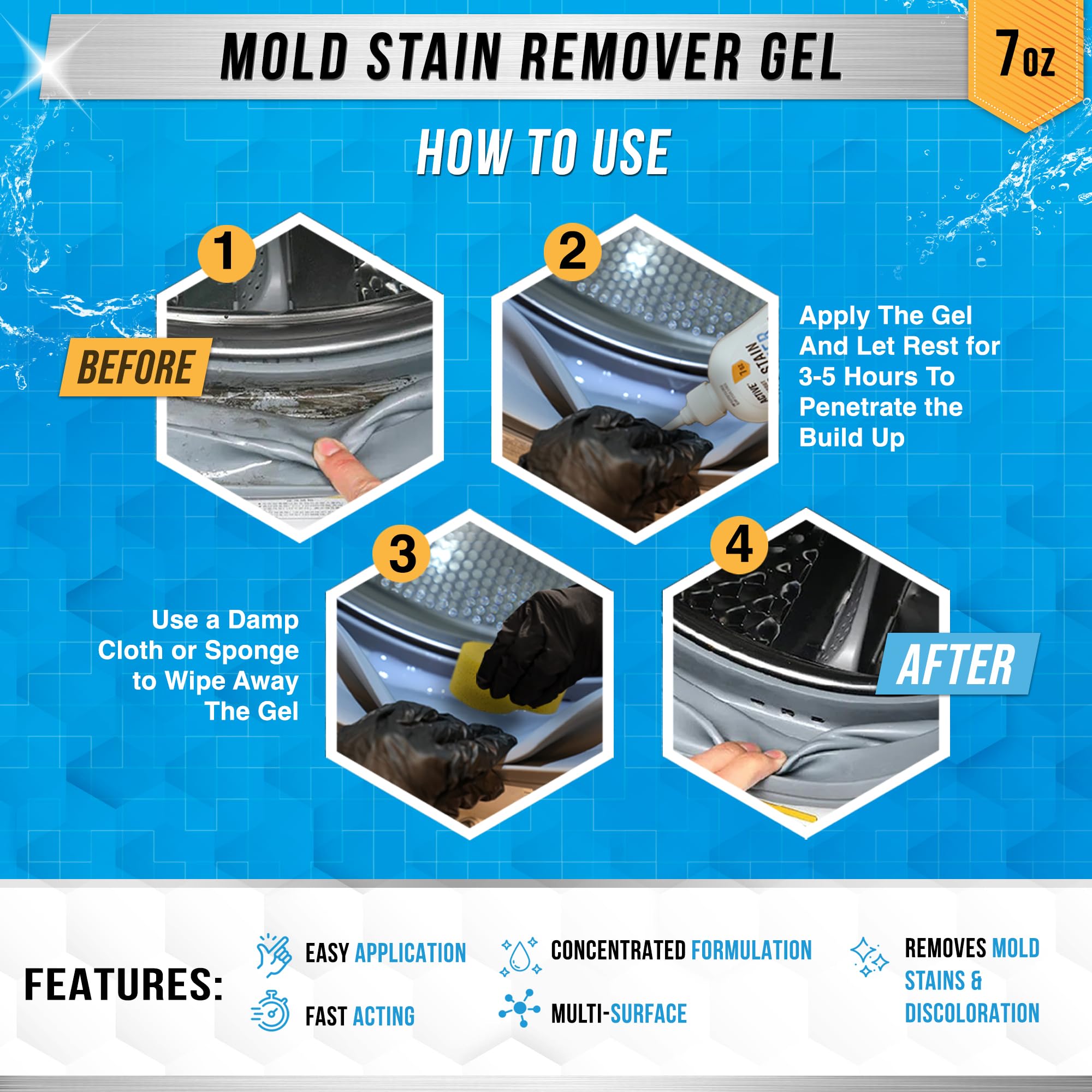 ACTIVE Mold Stain Remover Gel Cleaner Heavy Duty Stain Cleaner for Front Loader Washing Machine Seal, Bathroom Grout, Shower, Caulk - Front Load