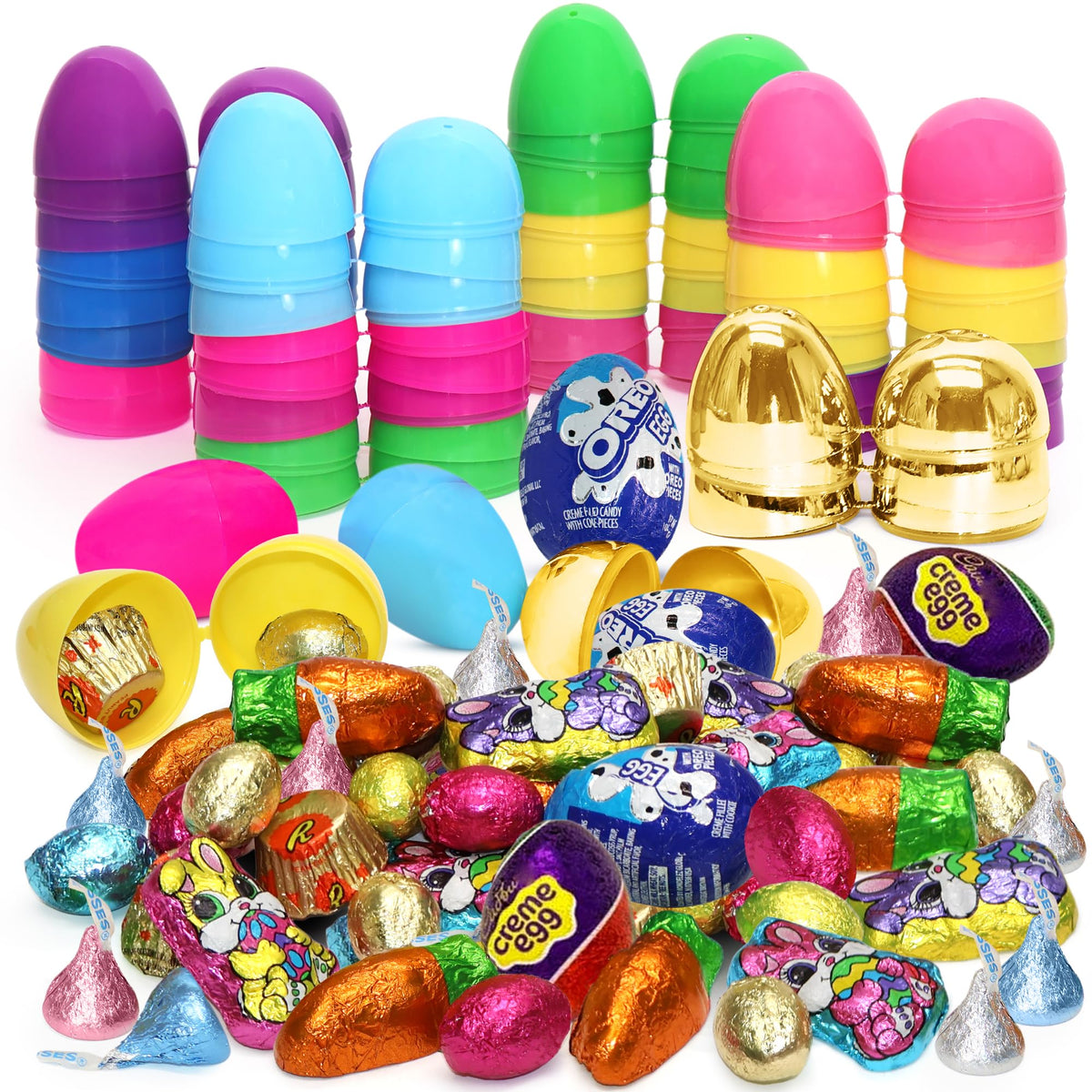 Easter Candy with Fillable Plastic Eggs Bundle - Pack Of 24 Plastic Eggs With Assorted Chocolate Candy for Filling - Holiday Party Treats & Easter