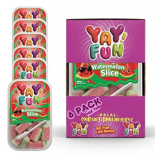 Halal Sour Gummy Watermelon Slices | 6 Pack Bundle (6x7 oz Tubs) | Chewy Sugar-Coated Watermelon Slice Gummy Candy | Resealable Tubs in Bulk