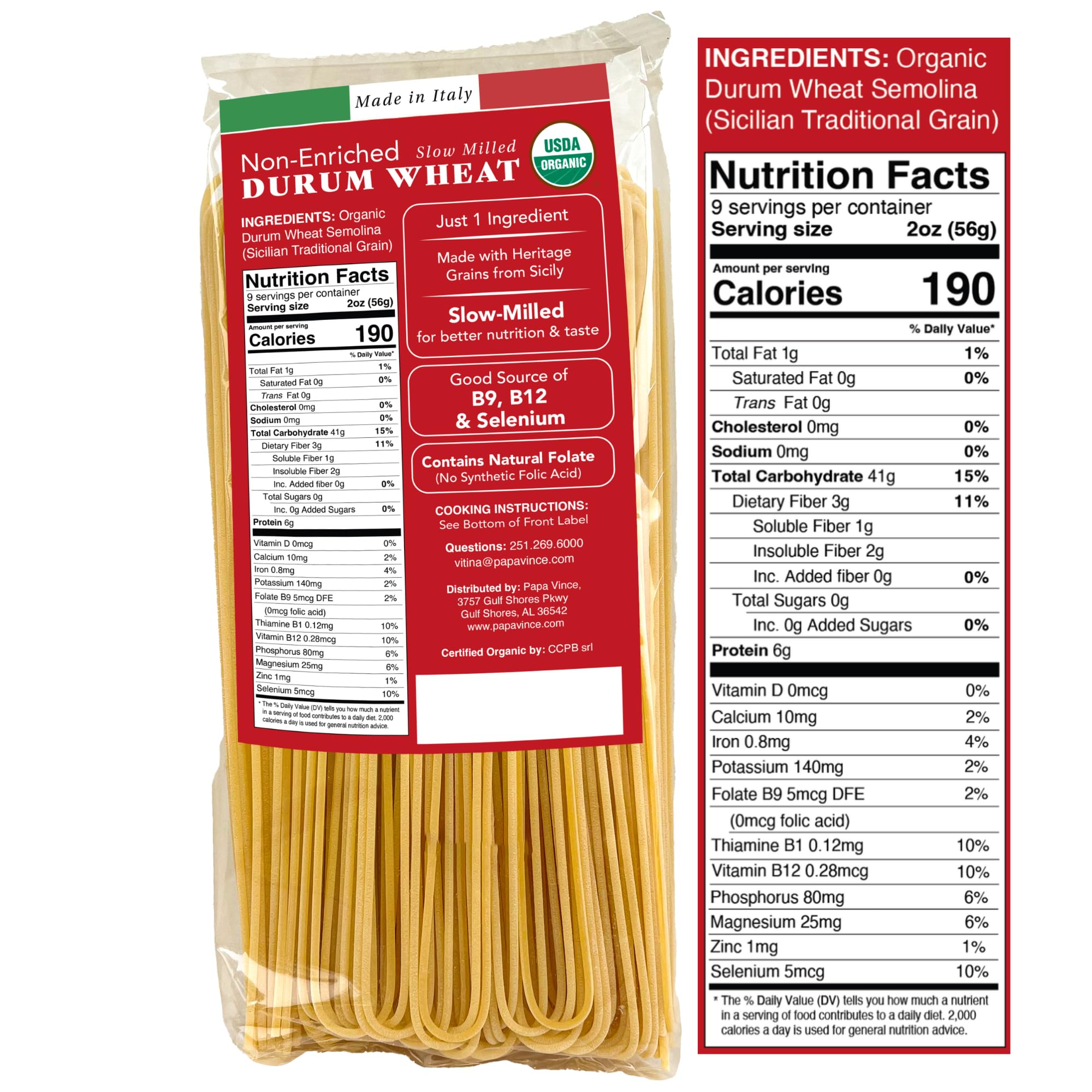 Papa Vince Organic Whole Wheat Spaghetti Noodles - Made in Italy, Non-Enriched, No Folic Acid - Organic Ancient Grain Pasta, Non-GMO, Artisan Bronze