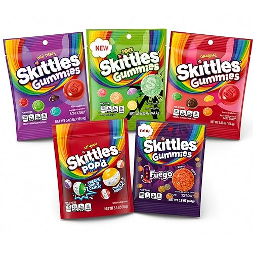 Bundl'd Skittles Gummies Variety Pack - 5 Bag Candy Sampler with Original Gummies, Sour, Wild Berry, Fuego Sweet & Spicy, and Freeze Dried Candy