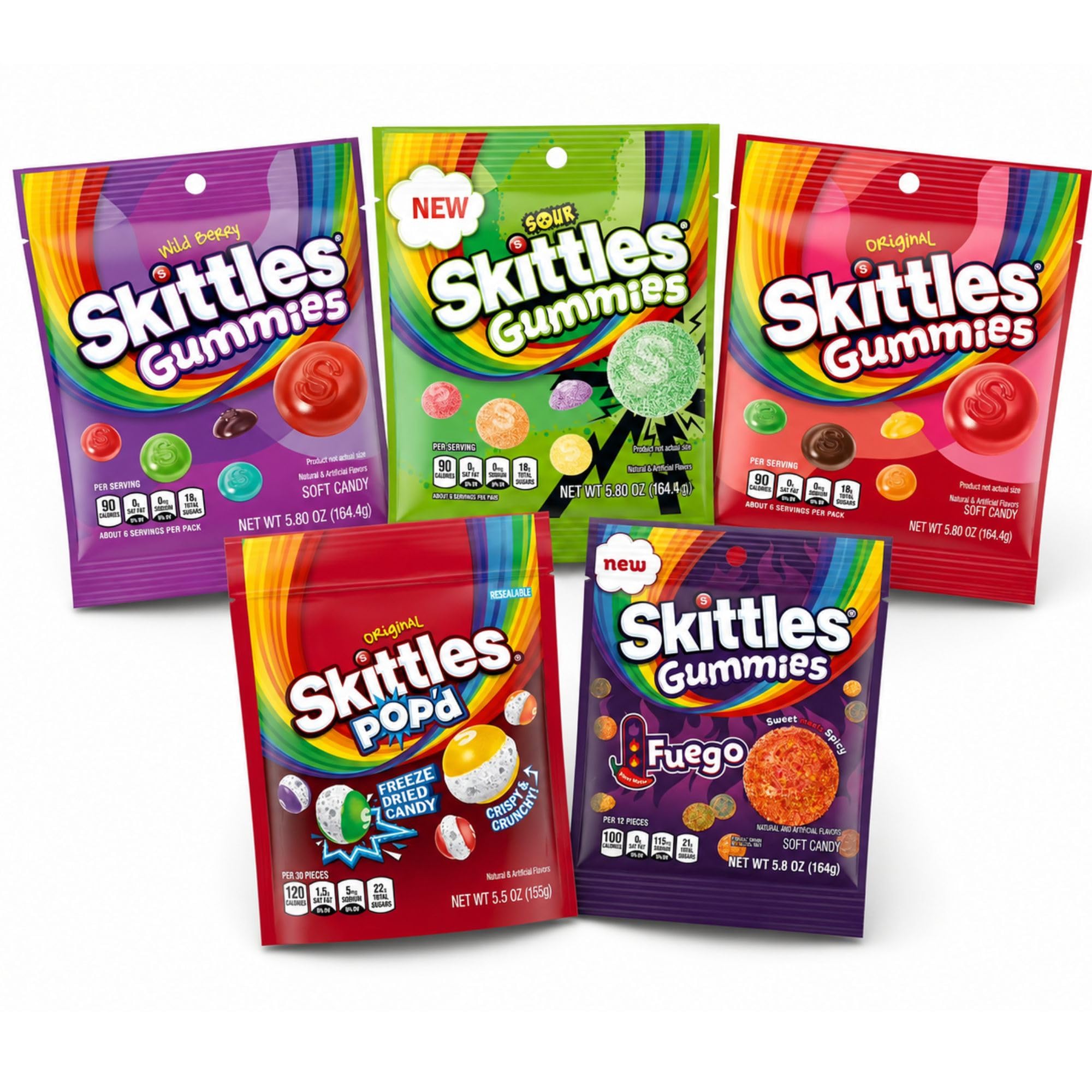 Bundl'd Skittles Gummies Variety Pack - 5 Bag Candy Sampler with Original Gummies, Sour, Wild Berry, Fuego Sweet & Spicy, and Freeze Dried Candy