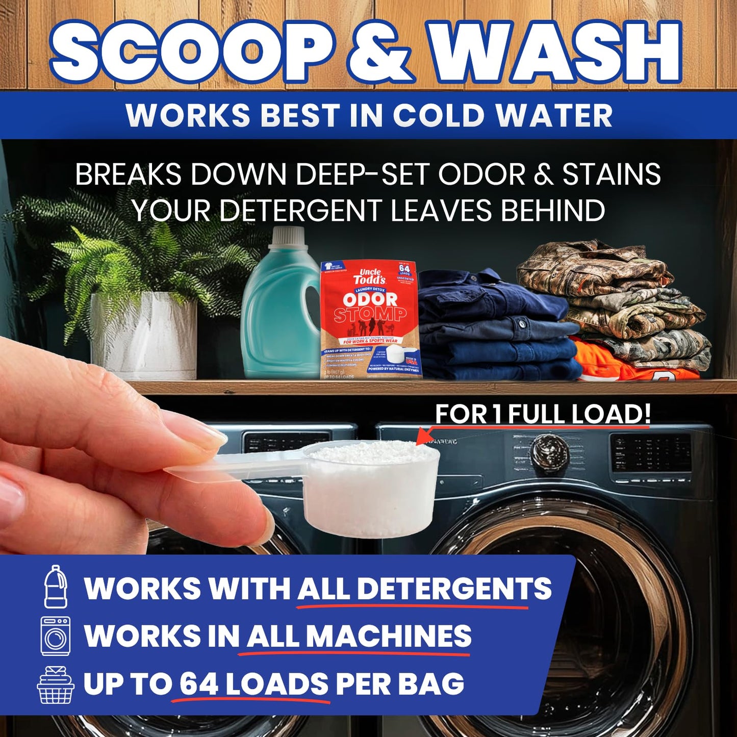 Uncle Todd’s Bio Enzyme Laundry Booster - 2 lb (64 Loads) Odor Stomp Laundry Sanitizer Additive - Clothes Stain Remover - Removes Sweat, Body Odor