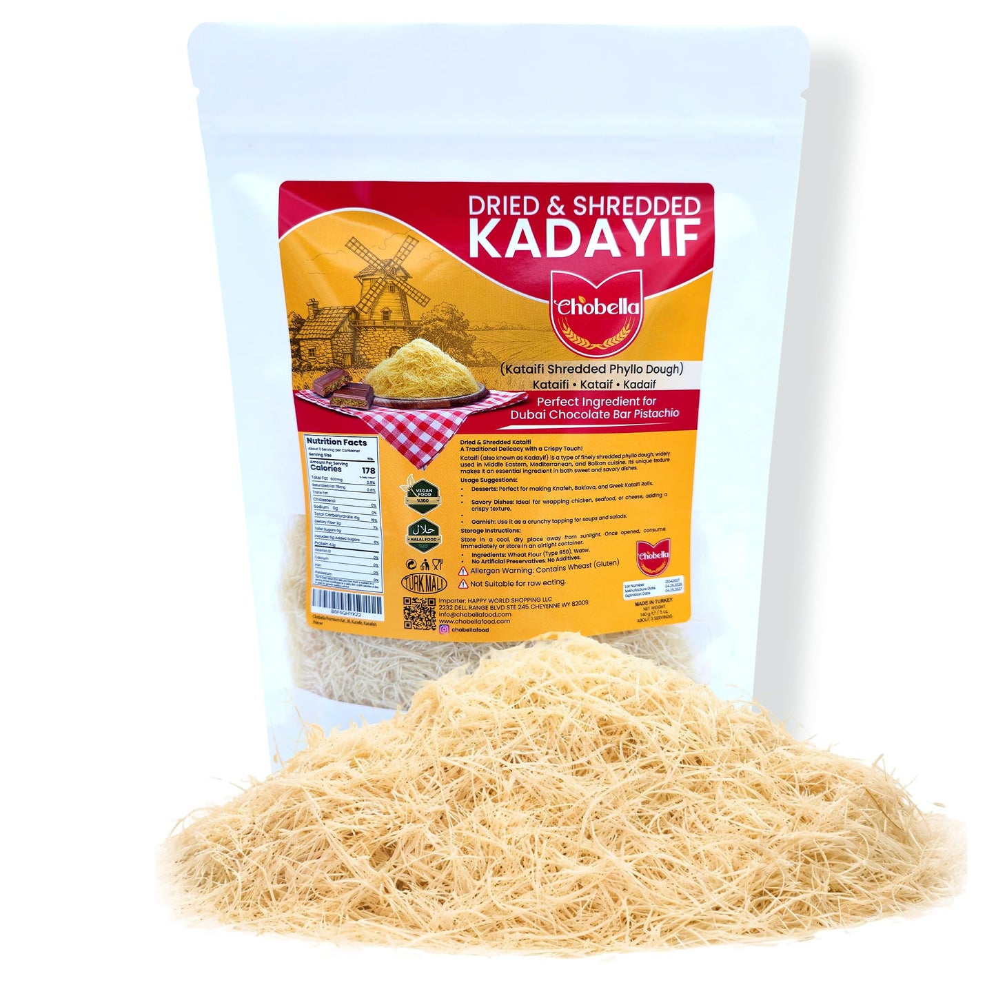 Chobella Premium Dried Kataifi Shredded Fillo Dough, Kurutulmus Kadayif Pastry Dough, Ingredient for Dubai Chocolate Bar Pistachio, Knafeh, Katafi