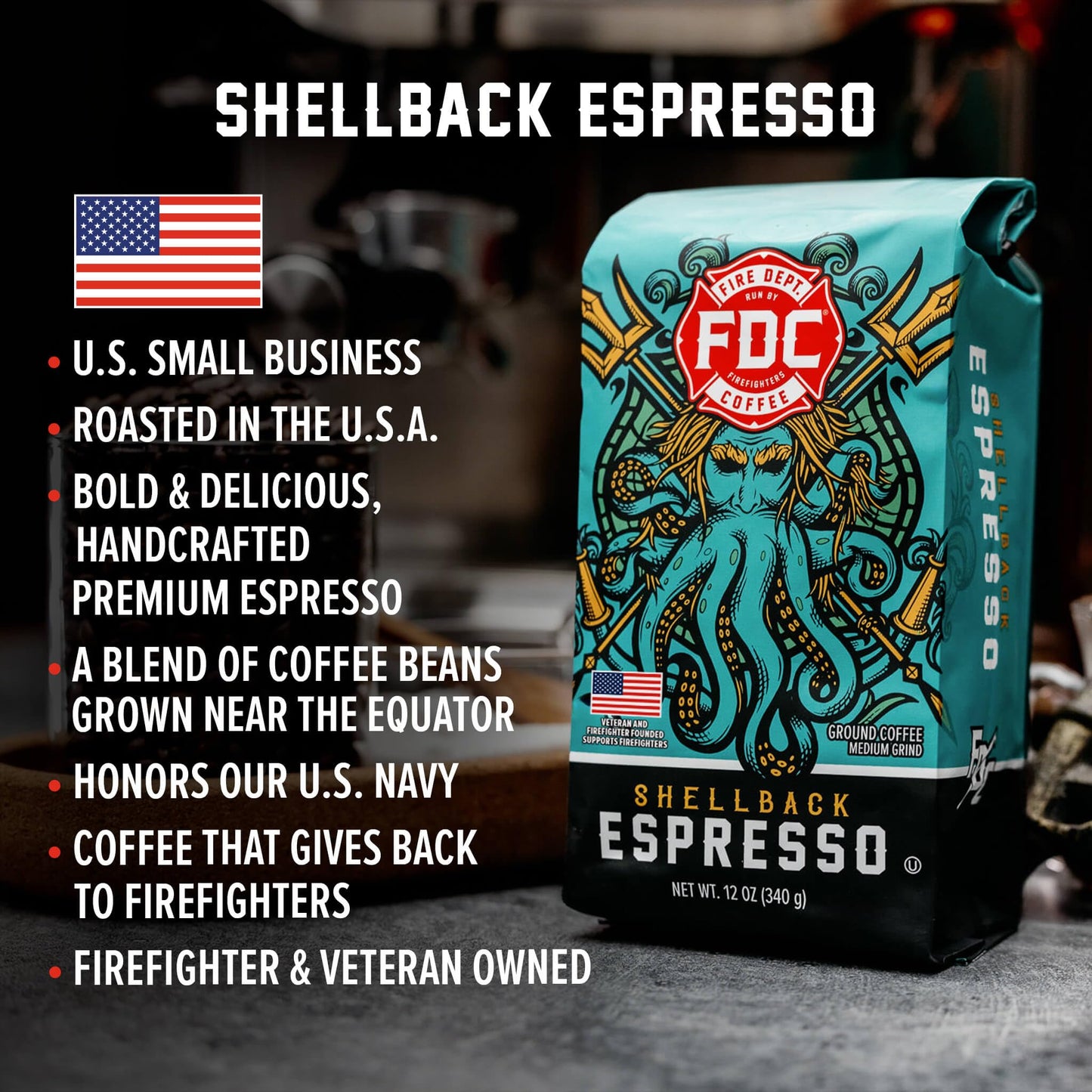 Fire Department Coffee - Gives Back to Firefighters - Bold & Smooth Shellback Espresso Ground Coffee - Roasted in the USA - Veteran Owned - 12 oz