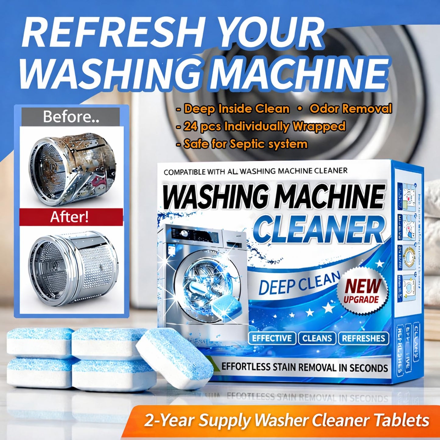 Enzyme Washing Machine Cleaner Tablets (24 Pack) - 2X Power Deep Clean Laundry Machine Cleaner Descaler for HE, Front Load & Top Load Washer, Removes
