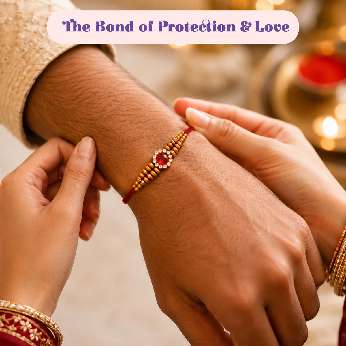 LOVENSPIRE Designer Rakhi Gift Hamper for Brother & Bhabhi - Adjustable Rakhi Bracelet with Customizable Photo Frame, Chocolates, Roli Chawal & Card
