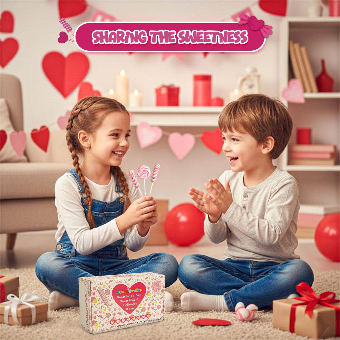 4E's Novelty Pink Swirl and Twist Lollipops (48 Pack) - Individually Wrapped Valentines Candy Bulk for Kids Classroom Exchange Gifts Candy, Suckers