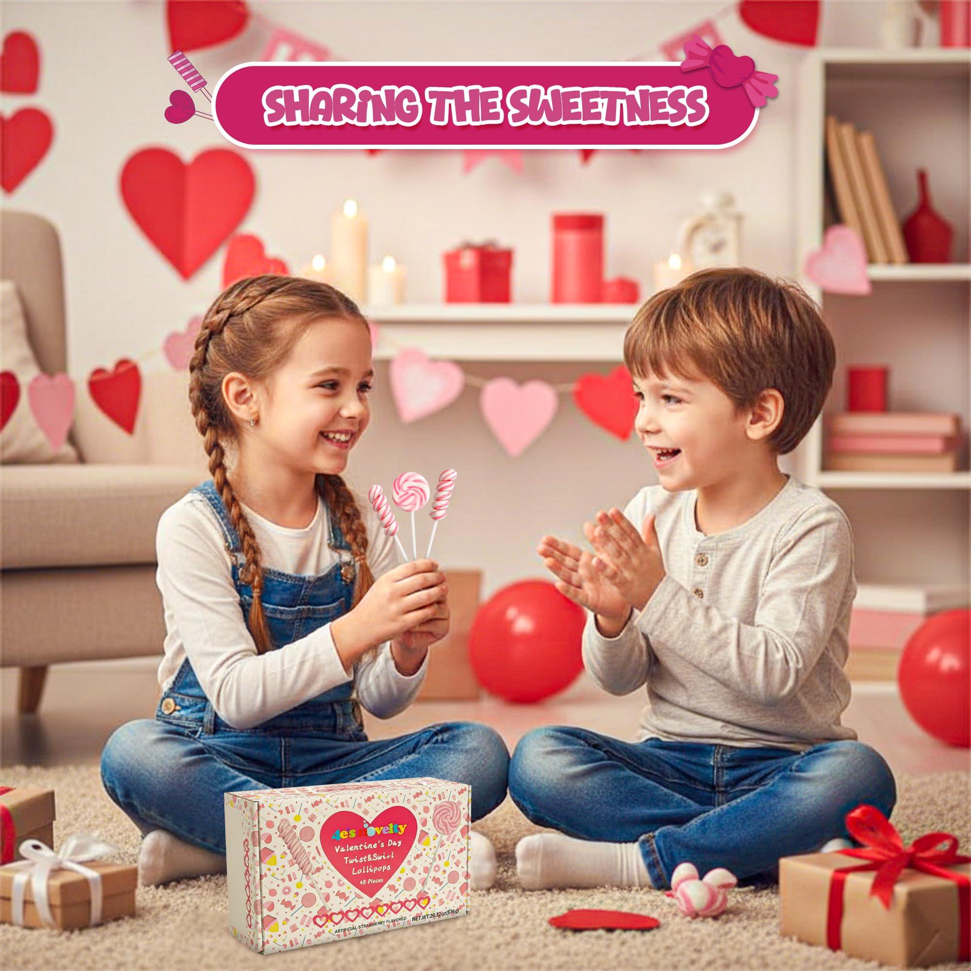4E's Novelty Pink Swirl and Twist Lollipops (48 Pack) - Individually Wrapped Valentines Candy Bulk for Kids Classroom Exchange Gifts Candy, Suckers