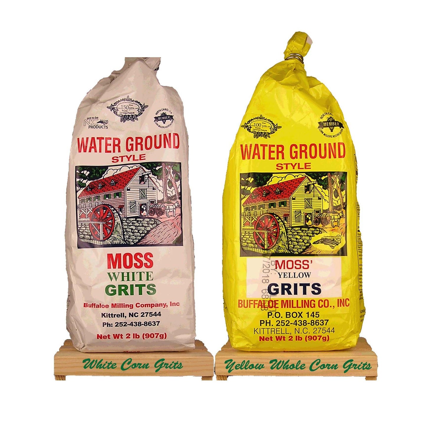 Moss Water Ground White and Yellow Whole Corn Grits each Bag is 2 Lbs