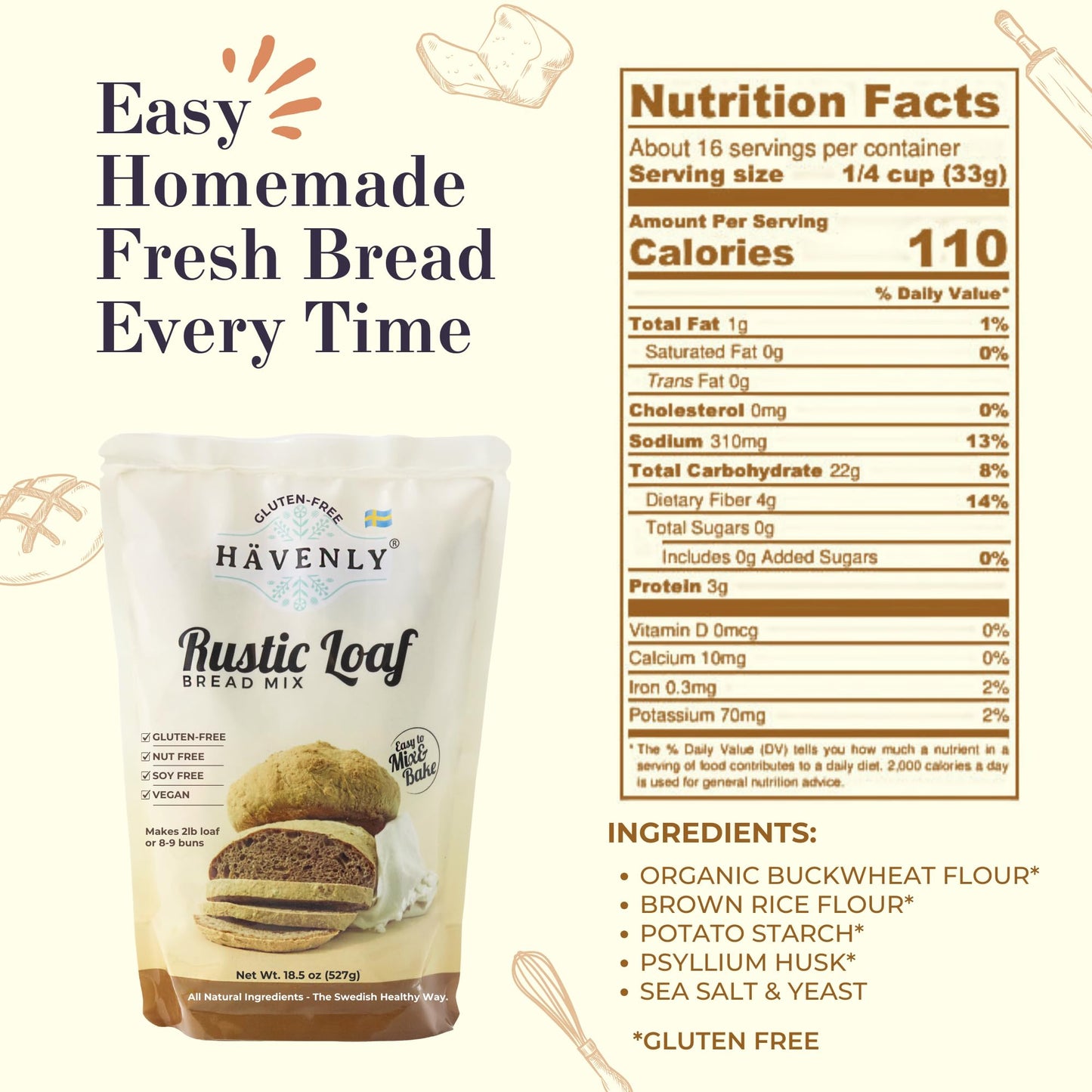 Havenly Rustic Bread Mix 18.5 oz Gluten Free Flour | Vegan, Dairy Free, Nut Free, Soy Free, Kosher Bread Flour | No sugar added | No Knead - Easy to Make | High Fiber Wholegrain Gluten Free Flour | Yeast for Baking Included