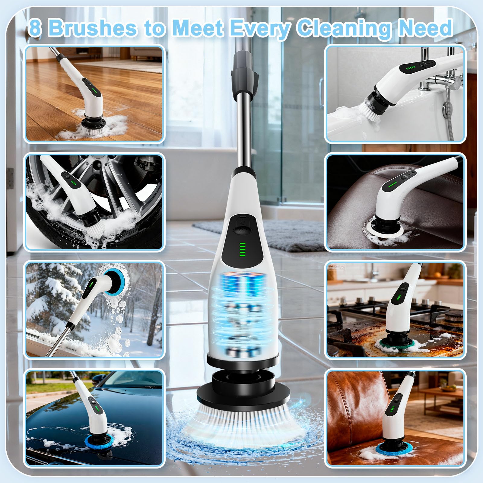 Homlab Electric Spin Scrubber, Cordless Cleaning Brush with 8 Replaceable Brush Heads, Shower Scrubber with Adjustable Extension Handle, Waterproof