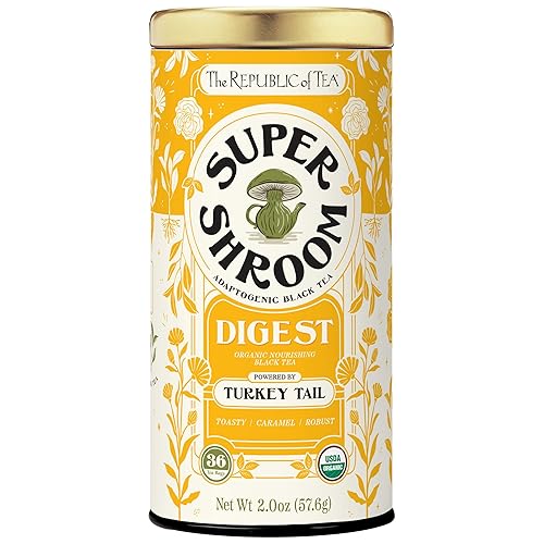The Republic of Tea SuperShroom Digest Turkey Tail Black Tea, Organic Chicory and Caramel Notes, Naturally Caffeinated, Unbleached Tea Bags in