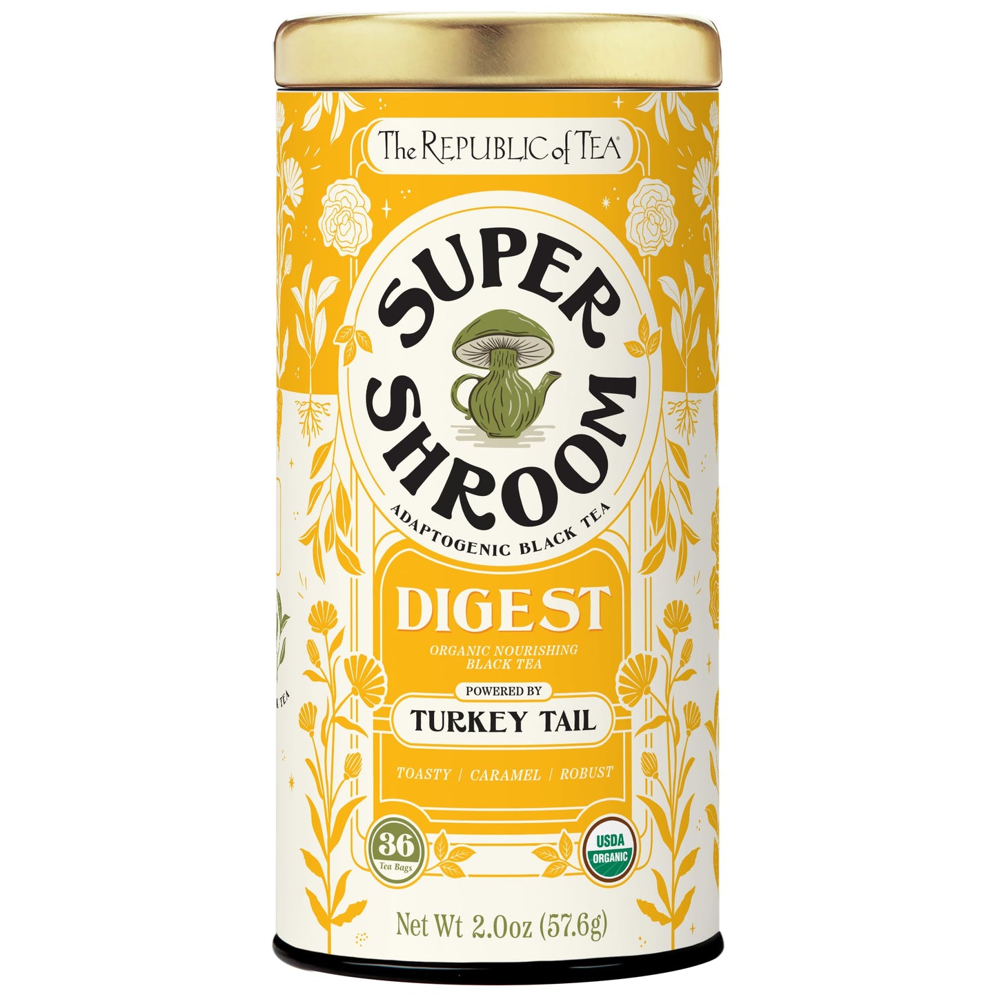 The Republic of Tea SuperShroom Digest Turkey Tail Black Tea, Organic Chicory and Caramel Notes, Naturally Caffeinated, Unbleached Tea Bags in
