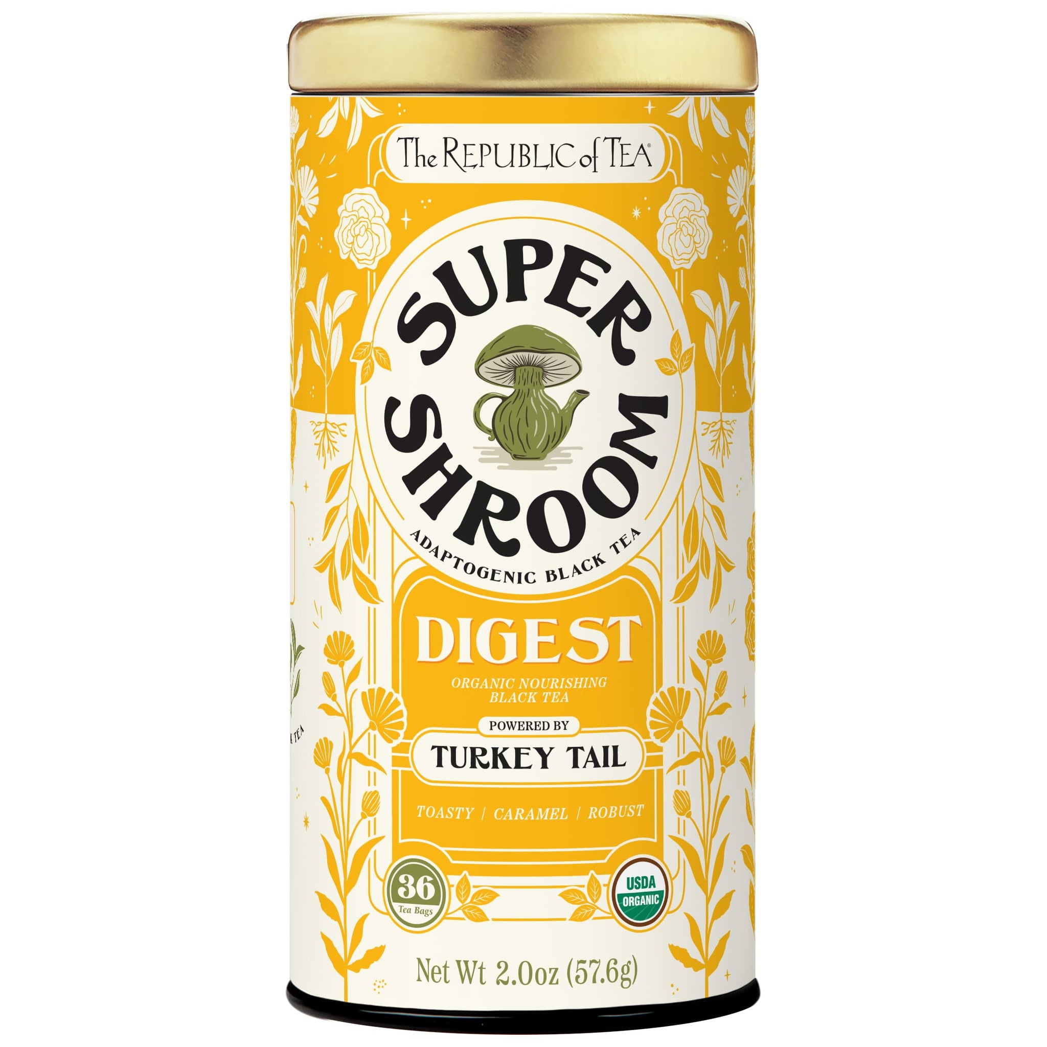 The Republic of Tea SuperShroom Digest Turkey Tail Black Tea, Organic Chicory and Caramel Notes, Naturally Caffeinated, Unbleached Tea Bags in