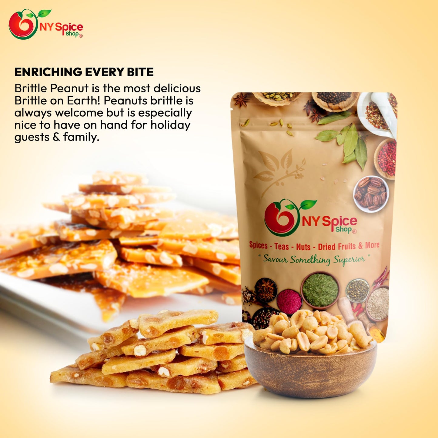 NYSPICE SHOP Peanut Brittle - 1 lbs. (pound) Thin & Crispy Peanut Brittle - Pure Sugar Salt - Crunchy Old Fashioned Peanut Brittle - Freshly Roasted