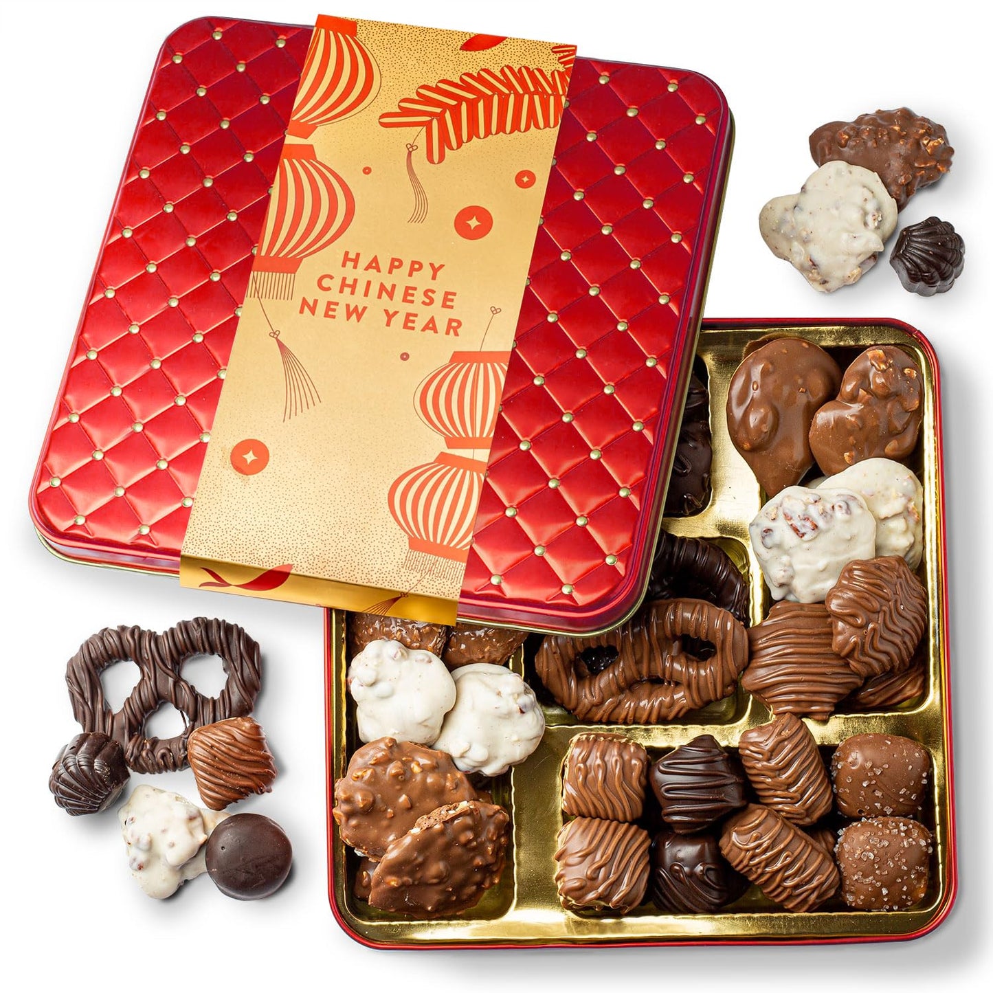 Chinese New Year Chocolate Gift Tin - Gourmet Chocolate Assortment Gift Box, Red Candy Tin with Premium Milk & Dark Chocolates, Lunar New Year Gift