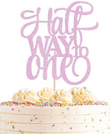 AHAORAY Half Way To One Cake Topper - Pink Glitter 6 Months Birthday Decorations Supplies - Half Birthday Decorations Baby Girl, for Baby