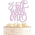 AHAORAY Half Way To One Cake Topper - Pink Glitter 6 Months Birthday Decorations Supplies - Half Birthday Decorations Baby Girl, for Baby