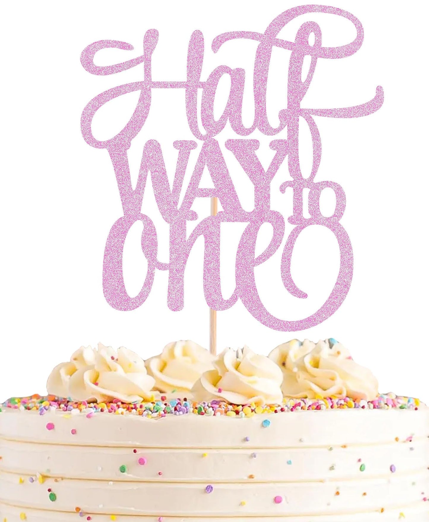 AHAORAY Half Way To One Cake Topper - Pink Glitter 6 Months Birthday Decorations Supplies - Half Birthday Decorations Baby Girl, for Baby