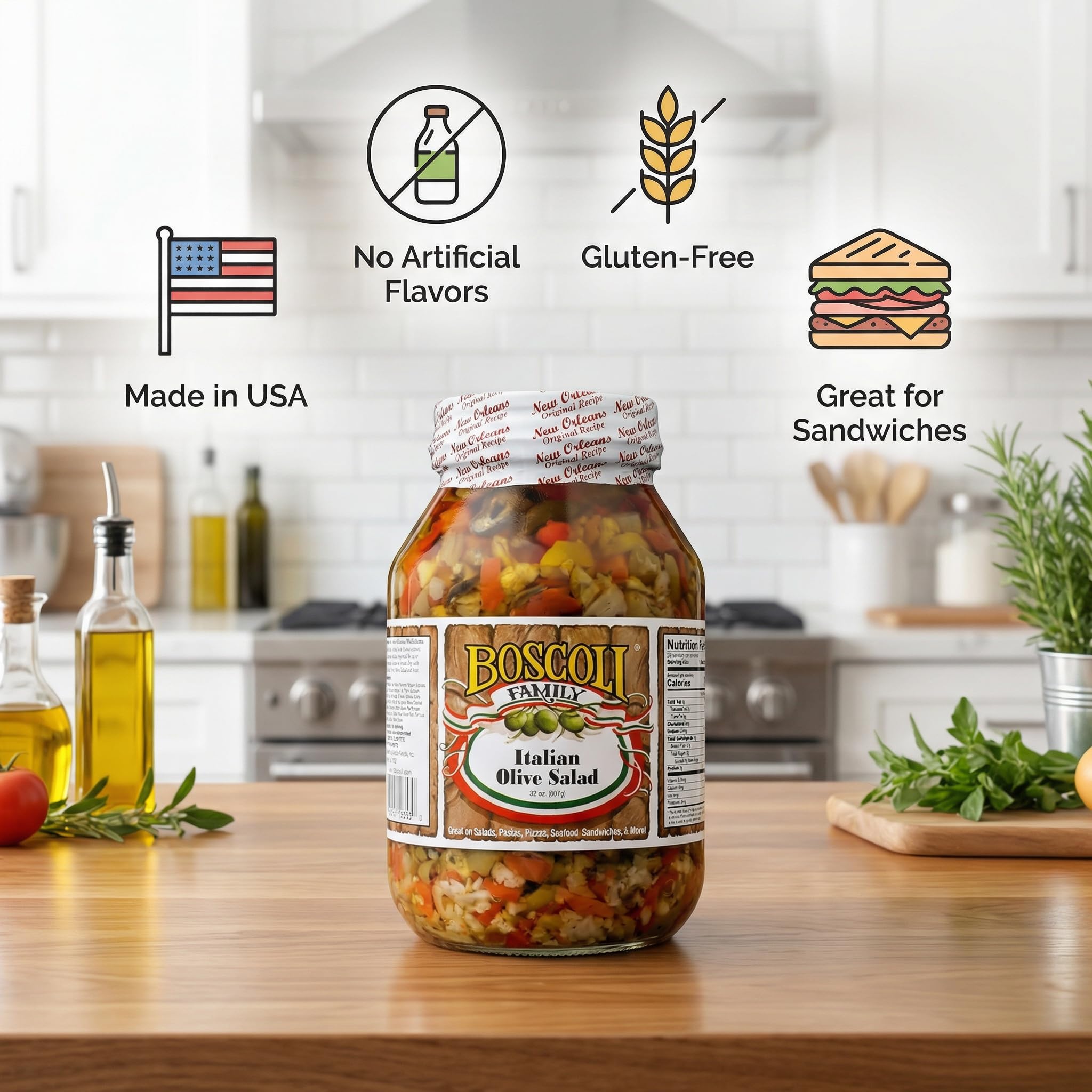 Boscoli Olive Salad - 32 oz Jars - 1 Pack Family Size Salad Olives - Boscoli Italian Mix - Olive Muffalata for Family Salads - with bag clips