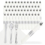 Spec101 Silver Plastic Silverware Sets for Parties Set of 300 - Pre Rolled Disposable Cutlery Individually Wrapped Plastic Utensils Set with Napkins