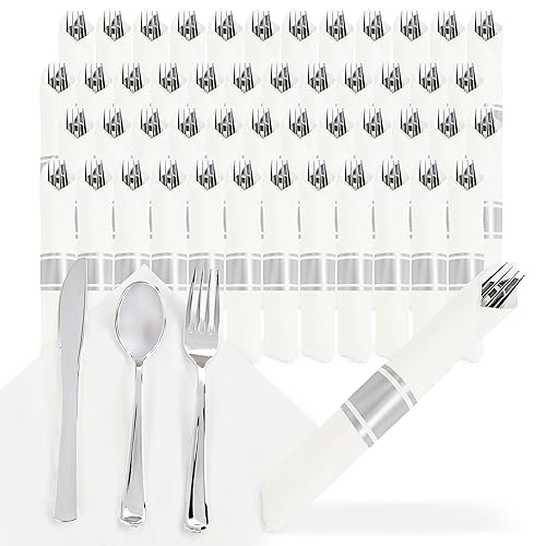 Spec101 Silver Plastic Silverware Sets for Parties Set of 300 - Pre Rolled Disposable Cutlery Individually Wrapped Plastic Utensils Set with Napkins