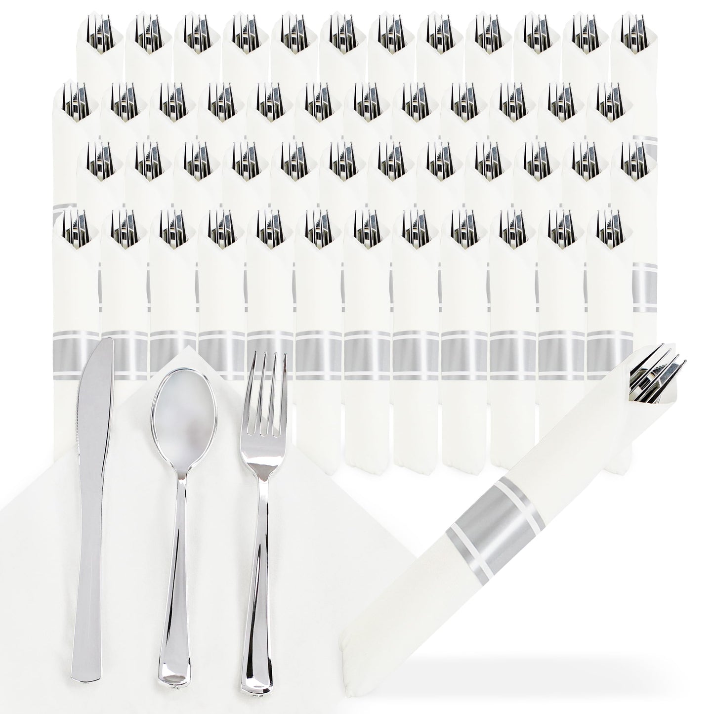 Spec101 Silver Plastic Silverware Sets for Parties Set of 300 - Pre Rolled Disposable Cutlery Individually Wrapped Plastic Utensils Set with Napkins