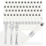 Spec101 Silver Plastic Silverware Sets for Parties Set of 300 - Pre Rolled Disposable Cutlery Individually Wrapped Plastic Utensils Set with Napkins